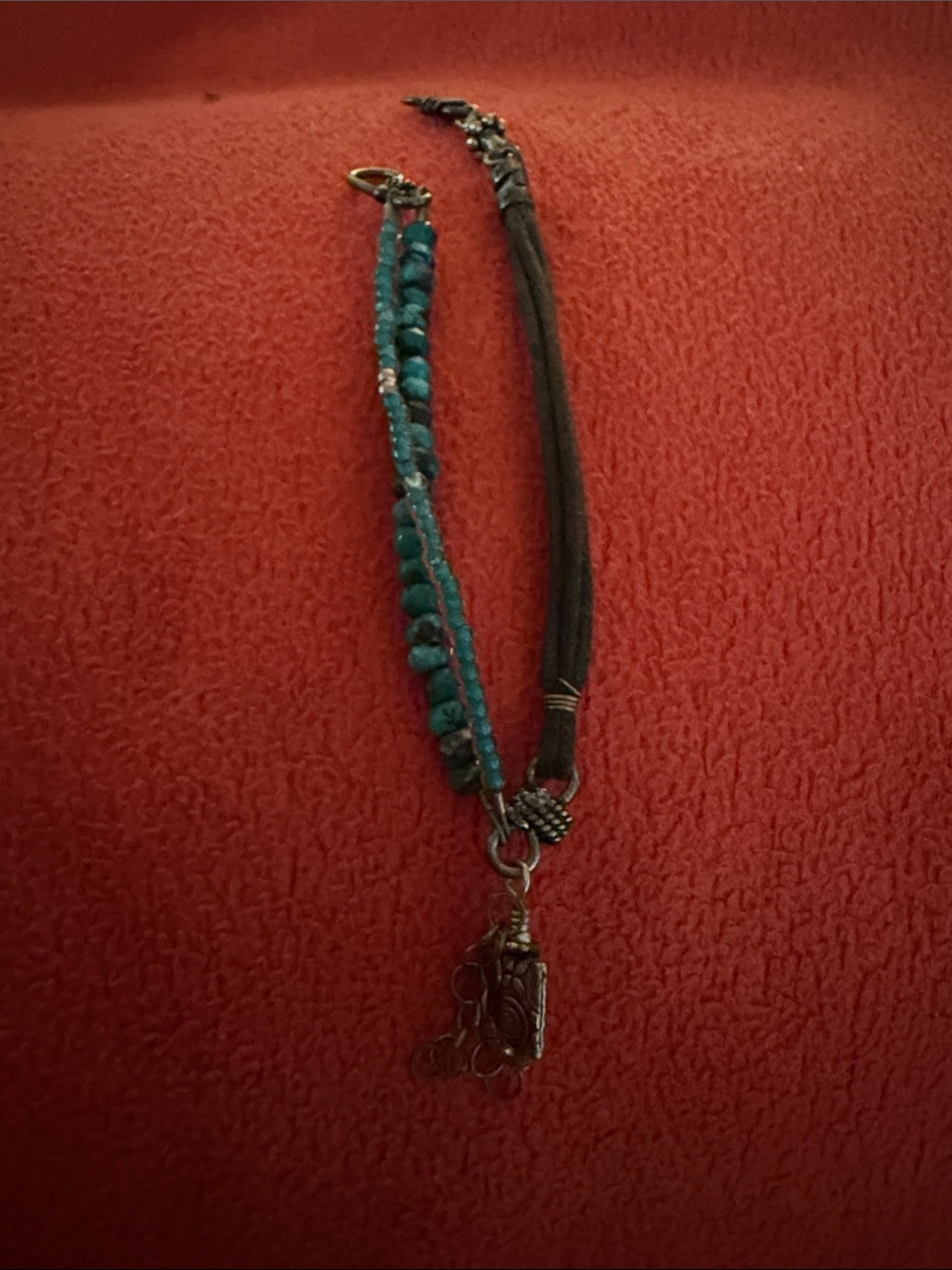 Source Unknown Turquoise Bead and Black Cord Layered Bracelet